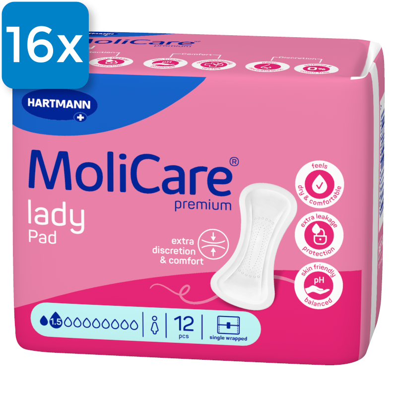 Die Vorderseite einer Packung Molicare Premium Lady Pad 1,5 Tropfen. Oben links ist ein blaues Viereck mit der Aufschrift "24x", welche aussagt, dass 24 Packungen in einem Karton enthalten sind.
